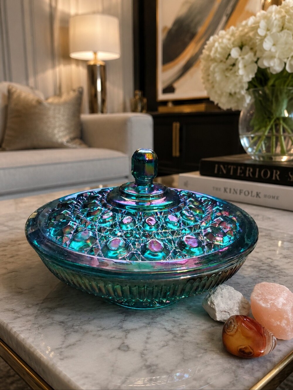 Dark Teal Green Iridescent Oilslick Purple Shift Carnival Glass Covered Bowl